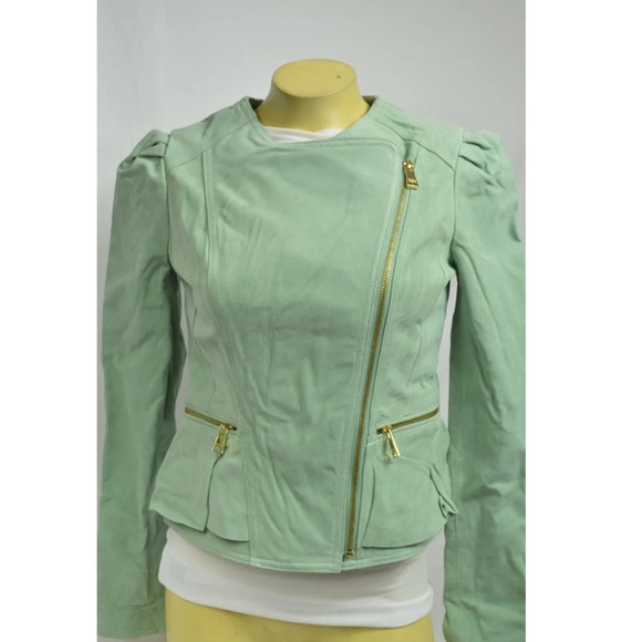 Bebe Jacket Coat Zip Up Peplum Beige - 229450 - Suede Light Mint Green- Size S/P - Picture 2 of 7